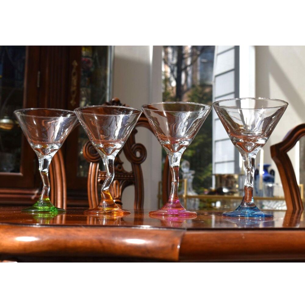 Set of 4 Libbey Z-Color Martini Glasses Multicolor Bases - Green Amber Pink Blue